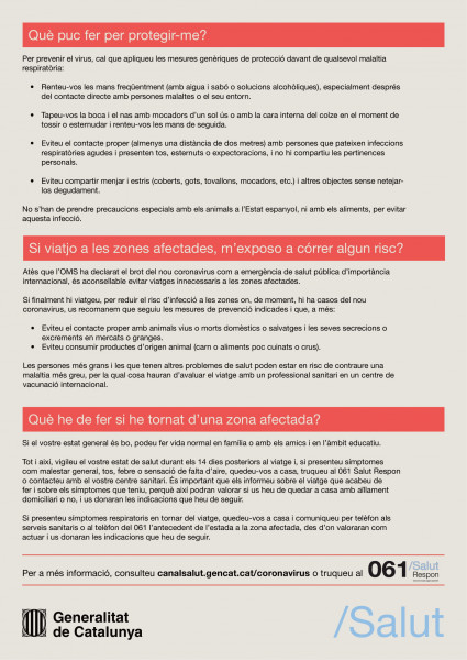 Prevencions de la Generalitat pel Coronavirus